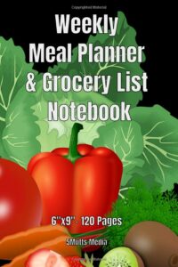 Weekly meal planner and grocery list notebook cover with fruit and vegetables